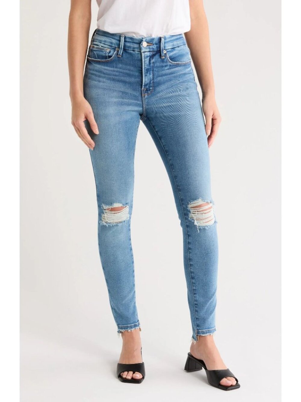 NWT Good American Good Legs Step Mid Rise Skinny Jeans Raw Hem Blue Size 8